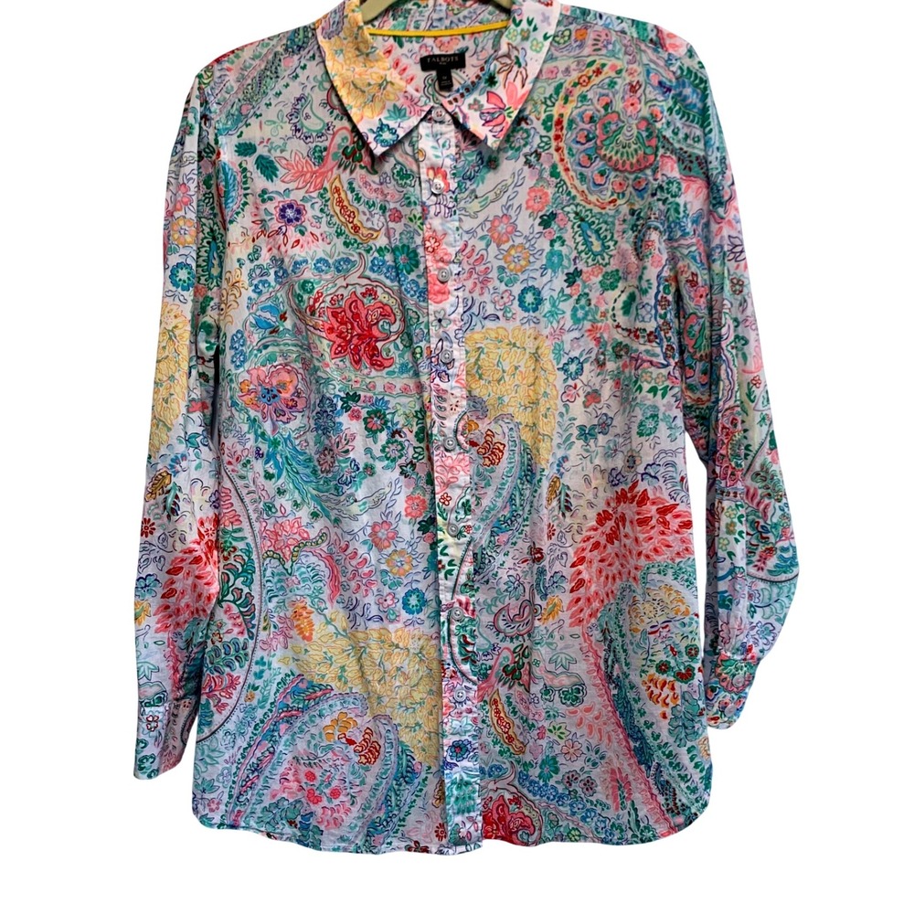 Talbots Plus Button Down Shirt 1X Multi Color Paisley Floral Cotton Long Sleeve